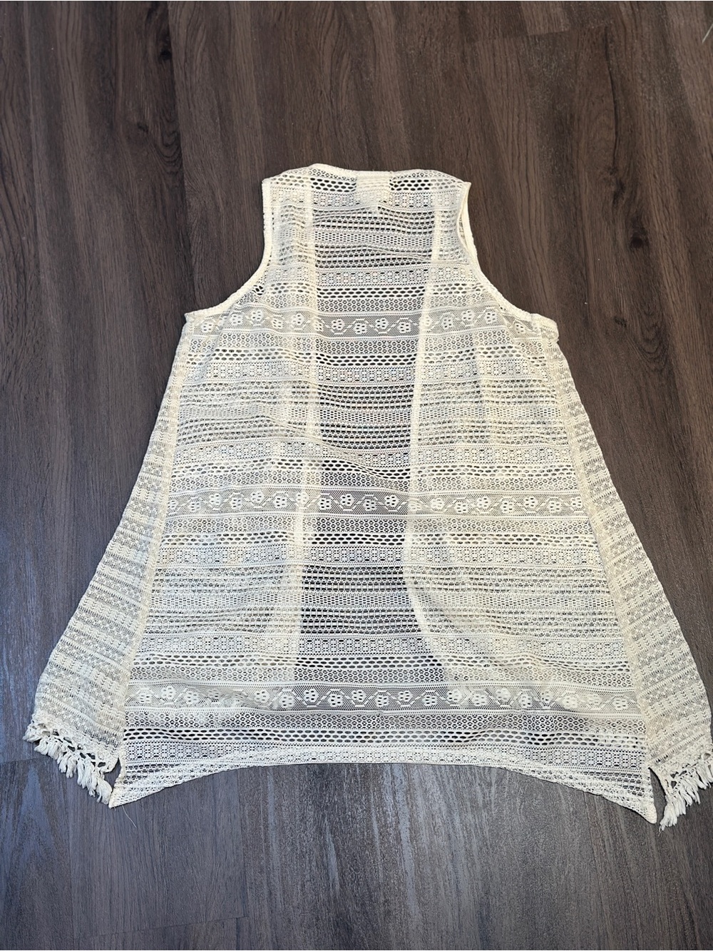 Boho Fringe Crochet Lace Vest Large Ivory Open Front Festival Style - Picture 9 of 10